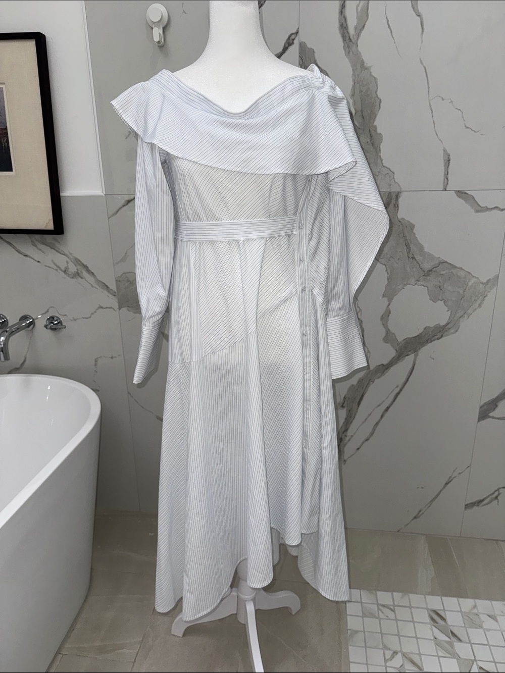 BCBGMaxAzria Limited Edition Runway White Pinstripe Off-Shoulder Midi Dress NWT